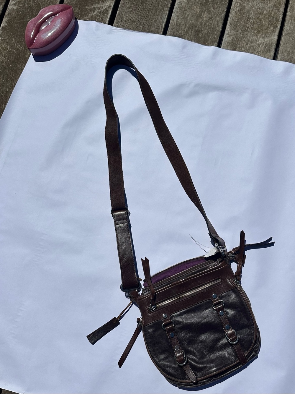 Tano Brown Leather Messenger Bag with Purple lining